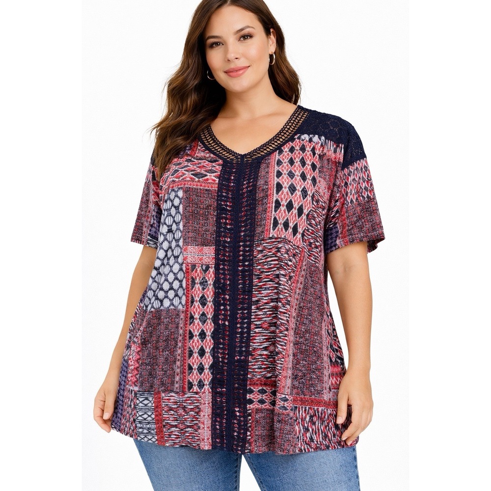 Catherines Womens 2X Boho Patchwork Crochet Neck‎ Short Sleeve Blouse Plus